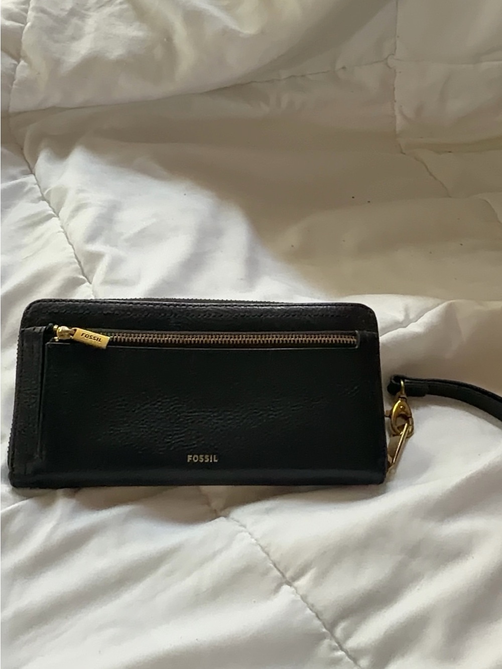 Fossil Black Leather Wristlet with Gold Zipper and Hardware
